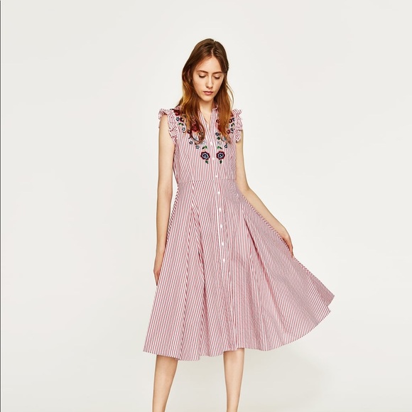 NWT Zara Striped Floral Embroidered Shirt Dress - Picture 2 of 5